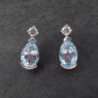 Blue and White Topaz Stud Earrings Sterling Silver Estate Jewelry