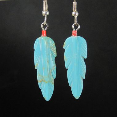 Carved Composite Turquoise Feather Earrings