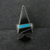 Vintage Sterling Silver Jet and Turquoise Inlay Arrowhead Ring Size 6 Betty Rose Billie Navajo