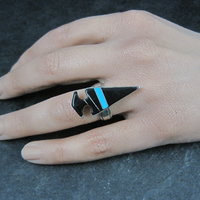 Vintage Sterling Silver Jet and Turquoise Inlay Arrowhead Ring Size 6 Betty Rose Billie Navajo