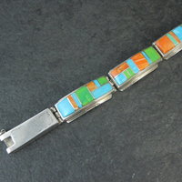 Vintage Southwestern Gemstone Inlay Bracelet Sterling Silver 6.75"