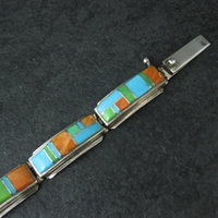 Vintage Southwestern Gemstone Inlay Bracelet Sterling Silver 6.75"