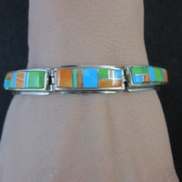 Vintage Southwestern Gemstone Inlay Bracelet Sterling Silver 6.75"