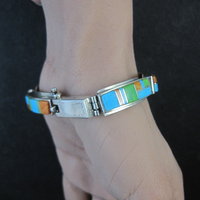 Vintage Southwestern Gemstone Inlay Bracelet Sterling Silver 6.75"