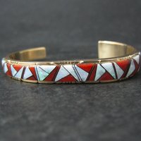 Vintage 14K Coral Opal Inlay Cuff Bracelet 5.75 Inches