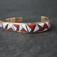 Vintage 14K Coral Opal Inlay Cuff Bracelet 5.75 Inches