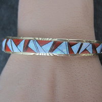 Vintage 14K Coral Opal Inlay Cuff Bracelet 5.75 Inches