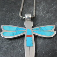 Vintage Sterling Silver Turquoise Dragonfly Maiden Pendant Necklace by Zuni Rolanda Haloo