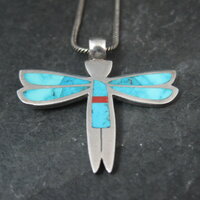 Vintage Sterling Silver Turquoise Dragonfly Maiden Pendant Necklace by Zuni Rolanda Haloo