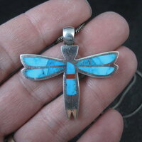 Vintage Sterling Silver Turquoise Dragonfly Maiden Pendant Necklace by Zuni Rolanda Haloo
