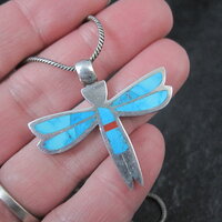 Vintage Sterling Silver Turquoise Dragonfly Maiden Pendant Necklace by Zuni Rolanda Haloo