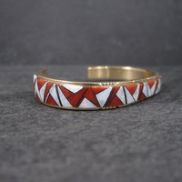 Vintage 14K Coral Opal Inlay Cuff Bracelet 5.75 Inches