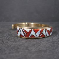 Vintage 14K Coral Opal Inlay Cuff Bracelet 5.75 Inches
