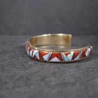 Vintage 14K Coral Opal Inlay Cuff Bracelet 5.75 Inches
