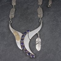Navajo Sugilite Feather Necklace Wilbert Vandever Sterling Silver and 14K Yellow Gold