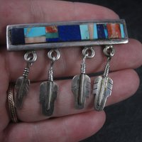 Southwestern Sterling Inlay Feather Brooch Signed