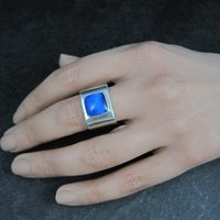 Vintage Sterling Silver Blue Cats Eye Sea Glass Ring Size 8 Square Band
