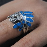 Sterling Silver Turquoise Indian Chief Turquoise Headdress Ring Size 7.5