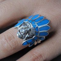Sterling Silver Turquoise Indian Chief Turquoise Headdress Ring Size 7.5