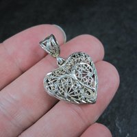 Vintage Diamond Cut Sterling Silver Filigree Heart Pendant