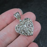Vintage Diamond Cut Sterling Silver Filigree Heart Pendant