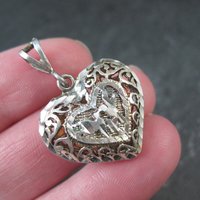 Vintage Puffy Filigree Heart Pendant Reversible Sterling Silver Diamond Cut
