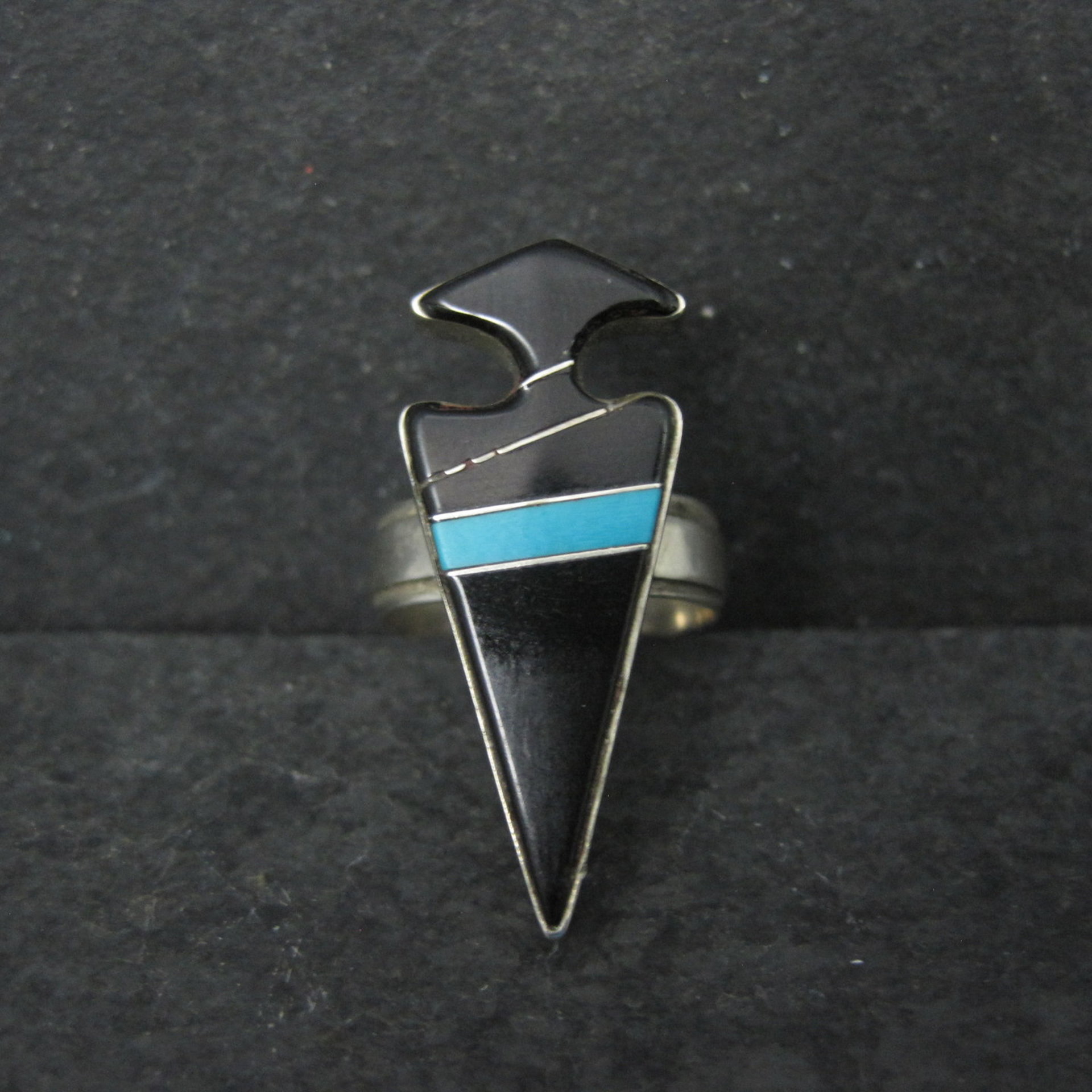 Vintage Sterling Silver Jet and Turquoise Inlay Arrowhead Ring Size 6 Betty Rose Billie Navajo