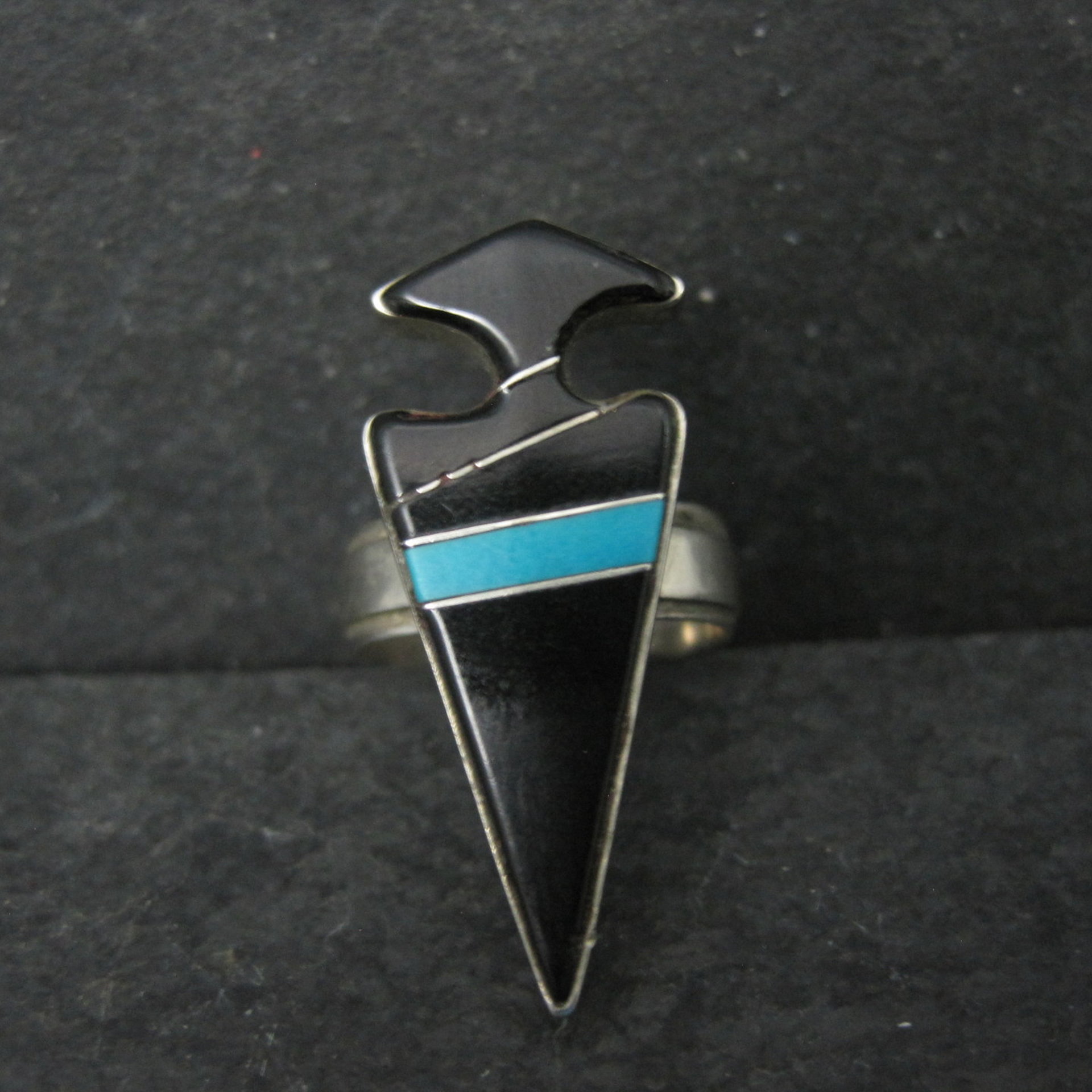 Vintage Sterling Silver Jet and Turquoise Inlay Arrowhead Ring Size 6 Betty Rose Billie Navajo