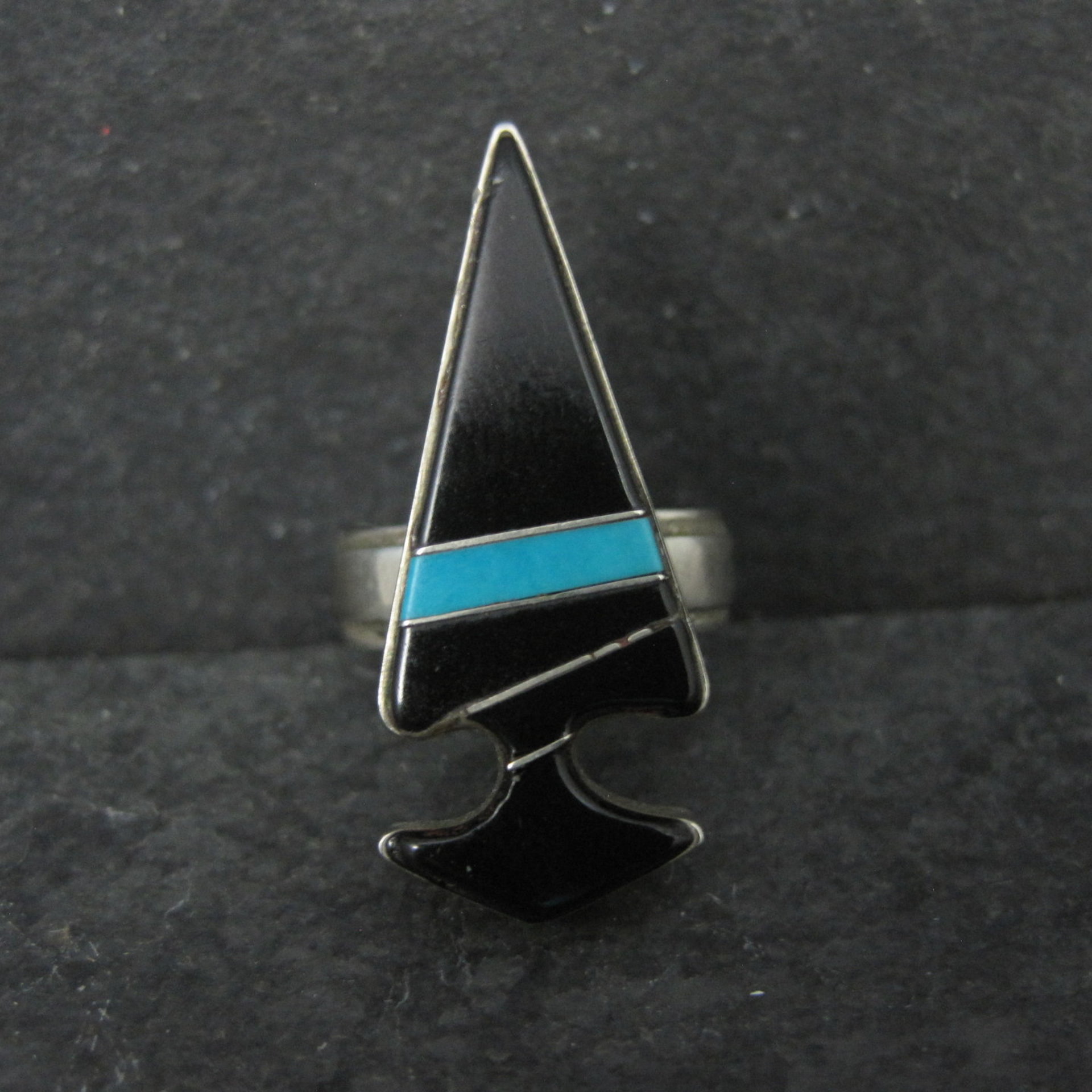 Vintage Sterling Silver Jet and Turquoise Inlay Arrowhead Ring Size 6 Betty Rose Billie Navajo