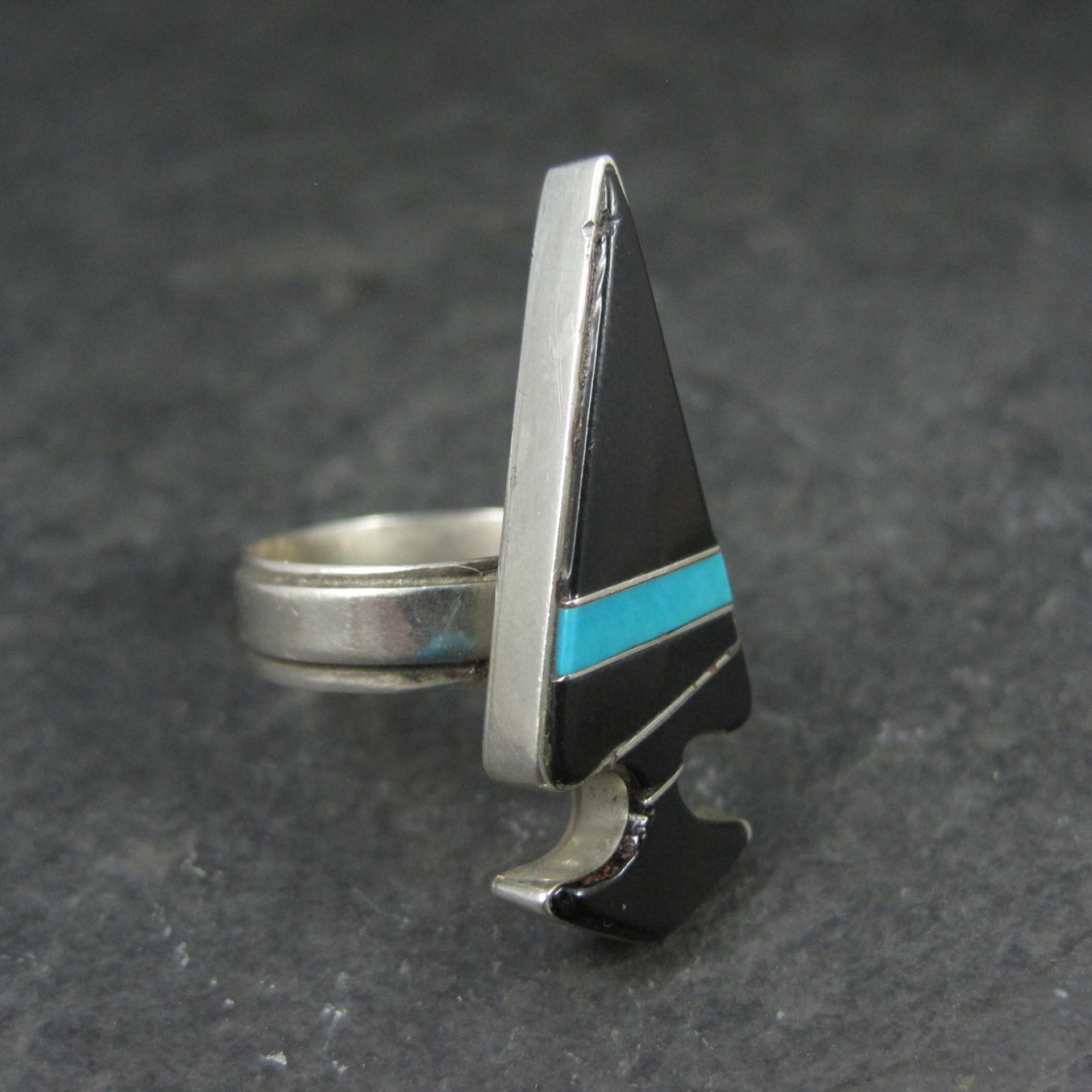 Vintage Sterling Silver Jet and Turquoise Inlay Arrowhead Ring Size 6 Betty Rose Billie Navajo