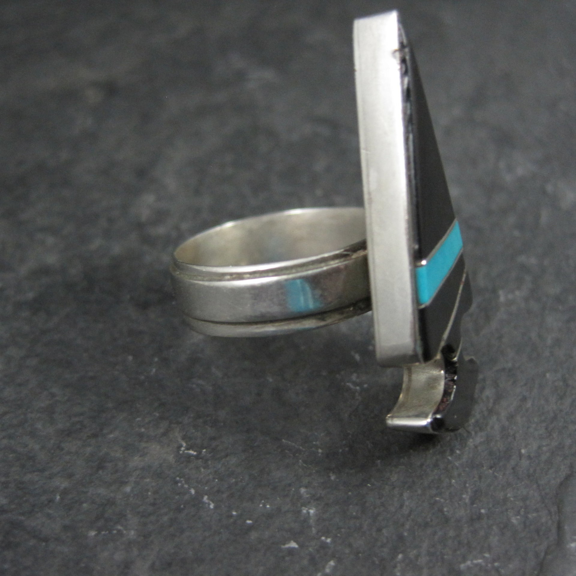 Vintage Sterling Silver Jet and Turquoise Inlay Arrowhead Ring Size 6 Betty Rose Billie Navajo