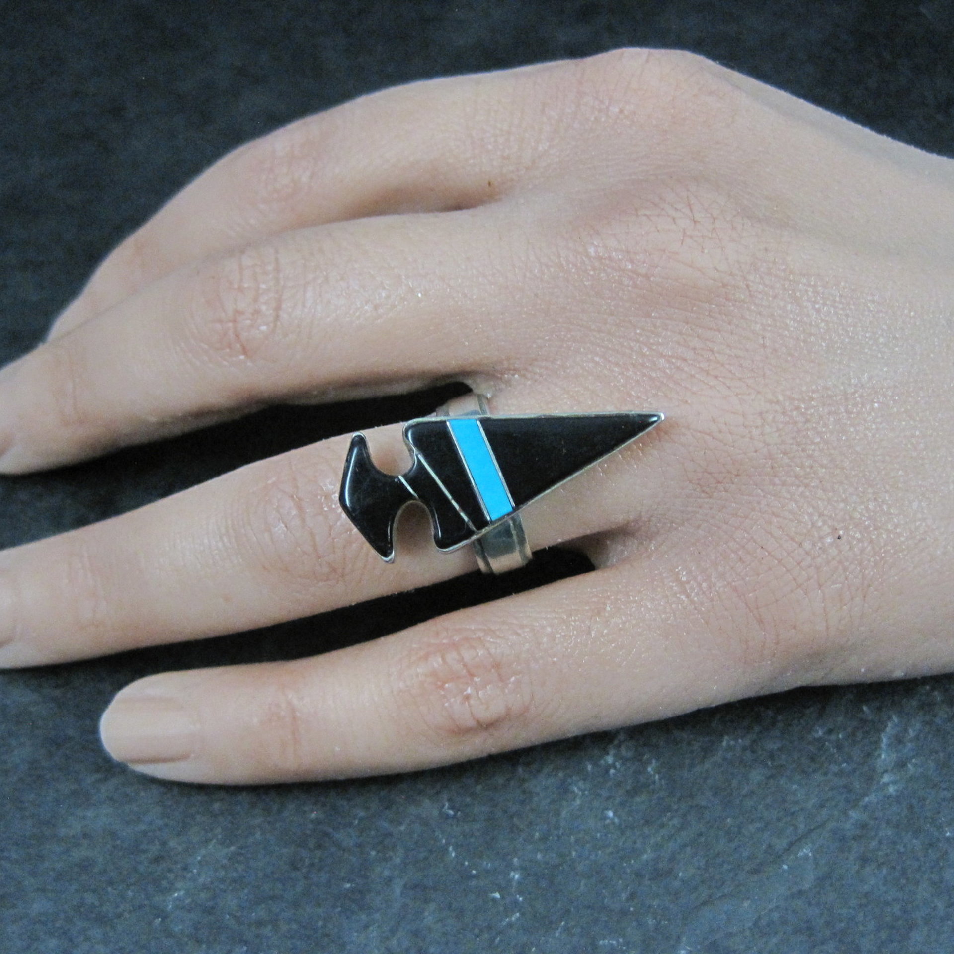 Vintage Sterling Silver Jet and Turquoise Inlay Arrowhead Ring Size 6 Betty Rose Billie Navajo