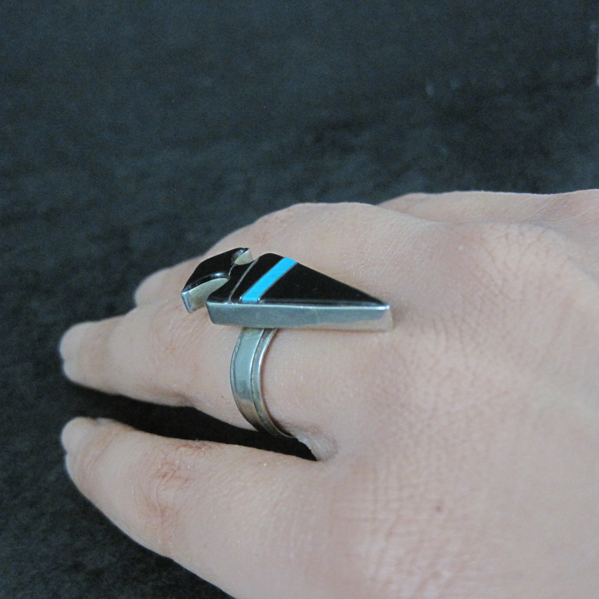 Vintage Sterling Silver Jet and Turquoise Inlay Arrowhead Ring Size 6 Betty Rose Billie Navajo