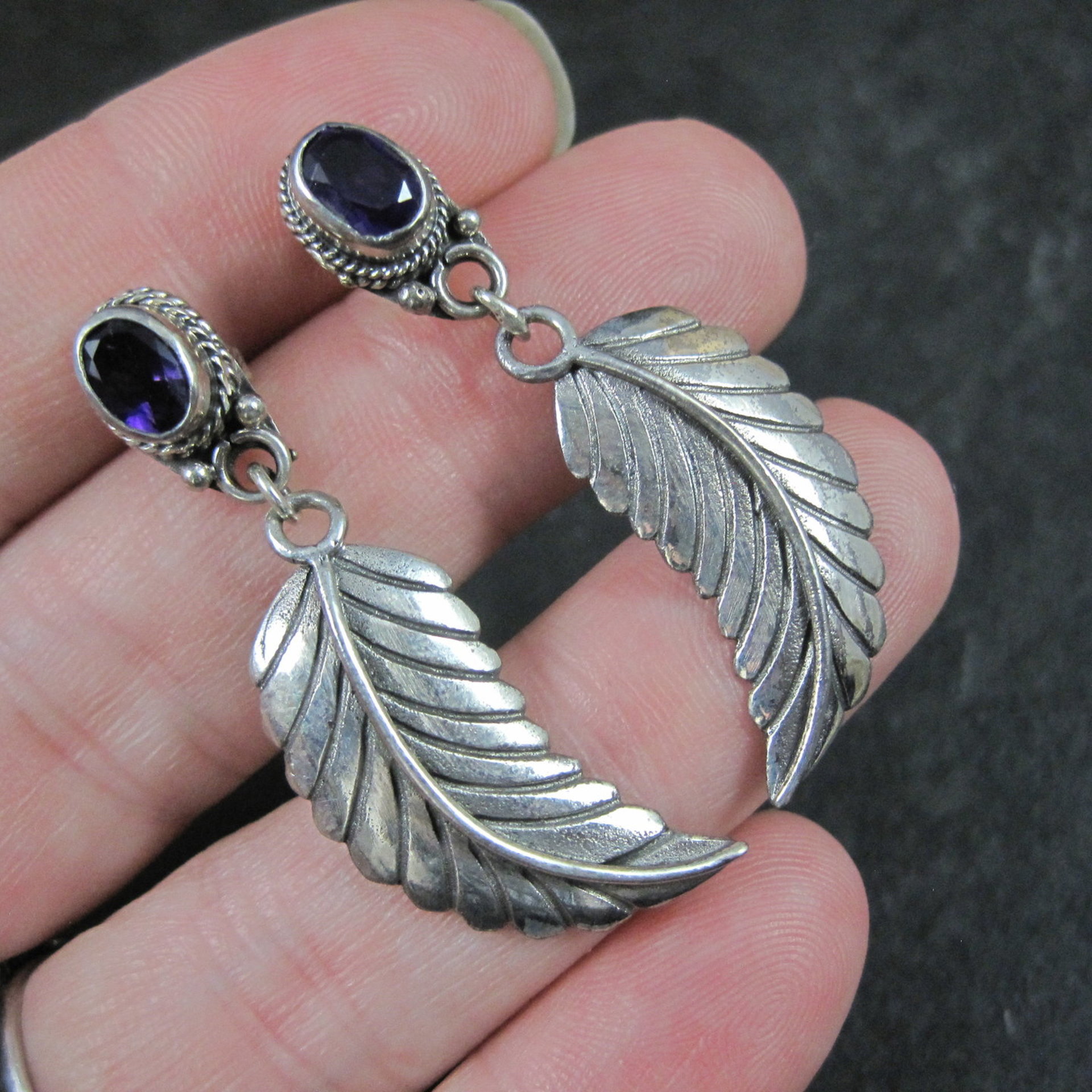Amethyst Feather Earrings Sterling Silver