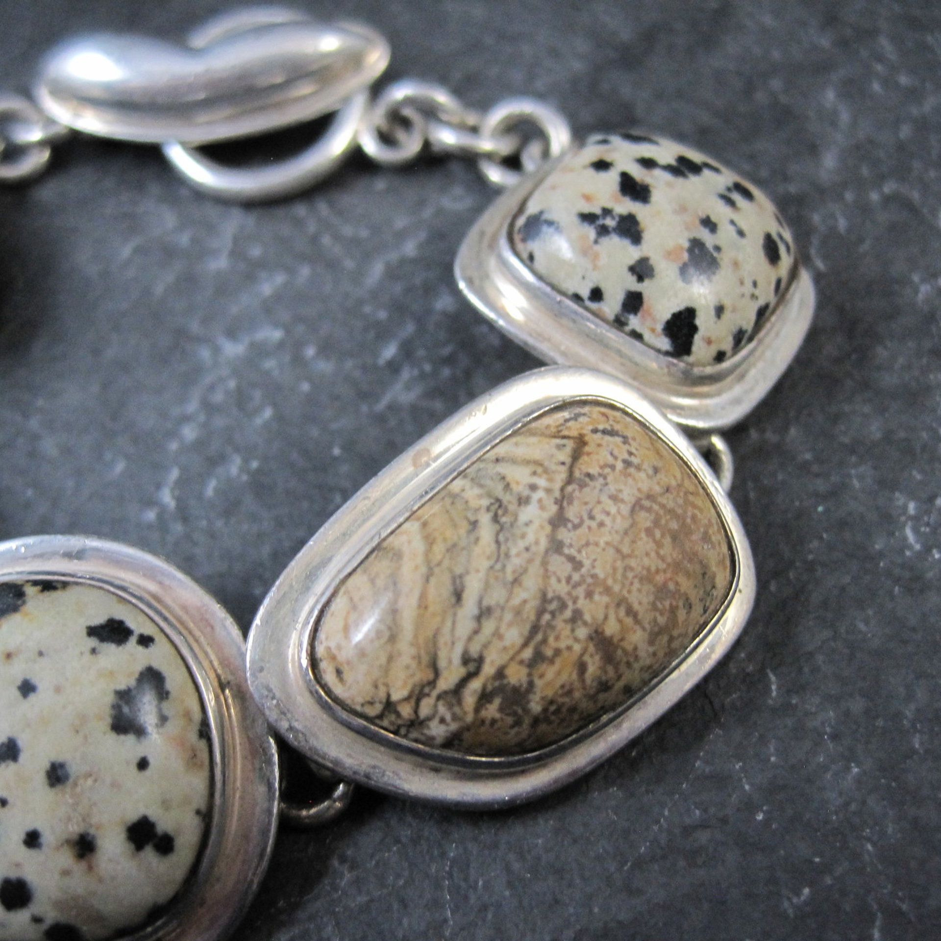 Heavy Sterling Silver Dalmatian and Picture Jasper Toggle Bracelet