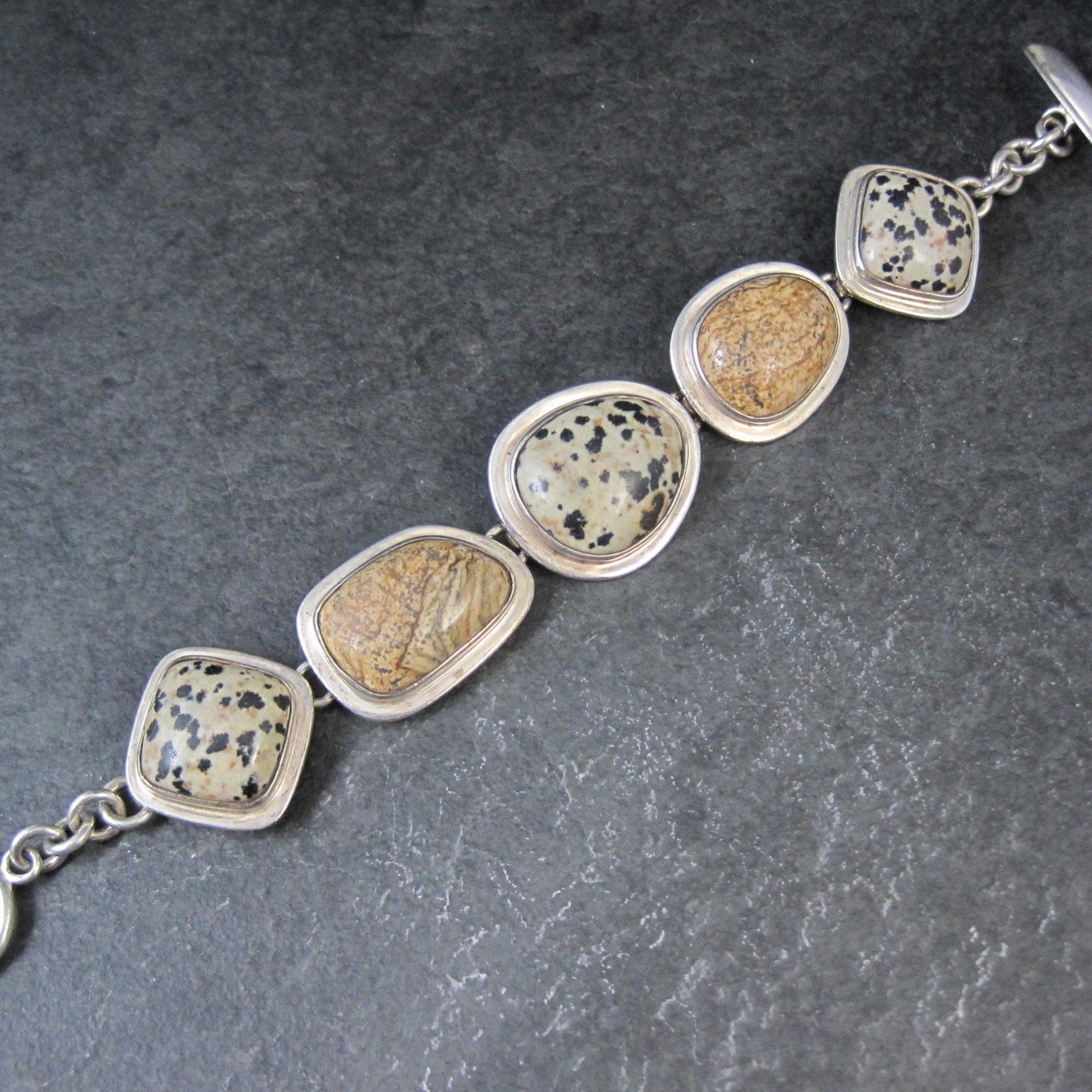 Heavy Sterling Silver Dalmatian and Picture Jasper Toggle Bracelet