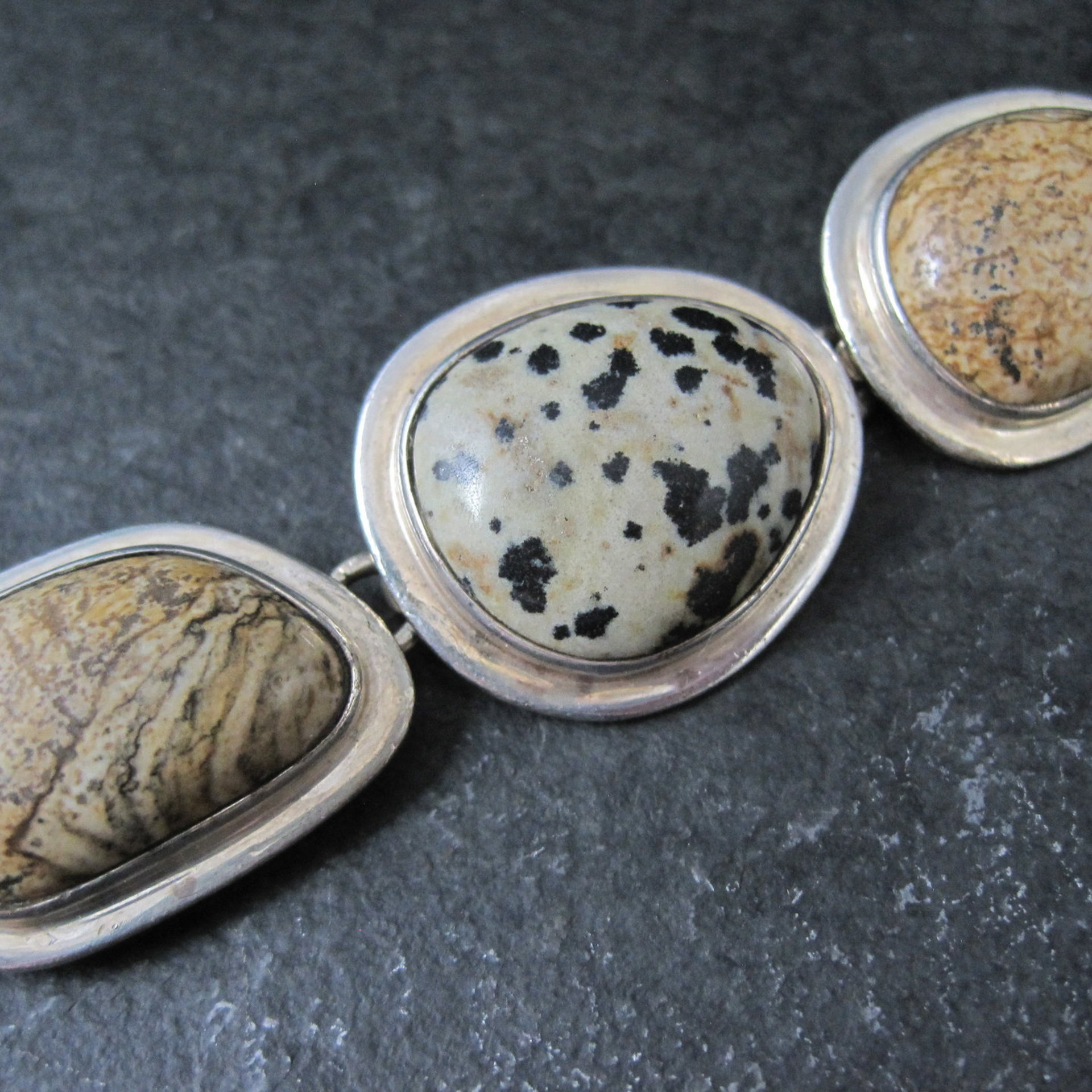 Heavy Sterling Silver Dalmatian and Picture Jasper Toggle Bracelet
