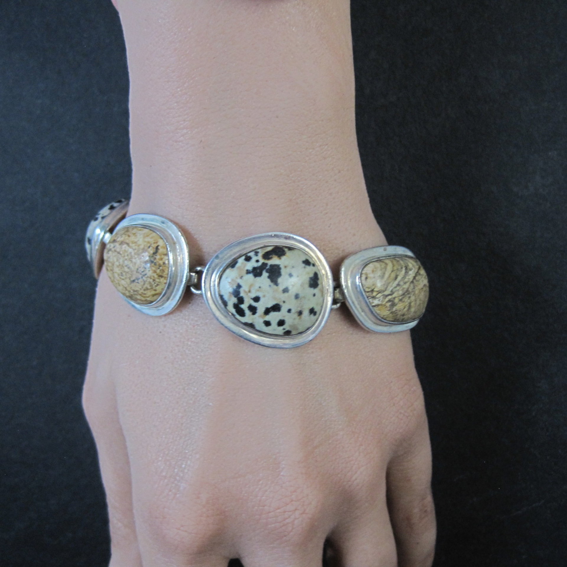 Heavy Sterling Silver Dalmatian and Picture Jasper Toggle Bracelet