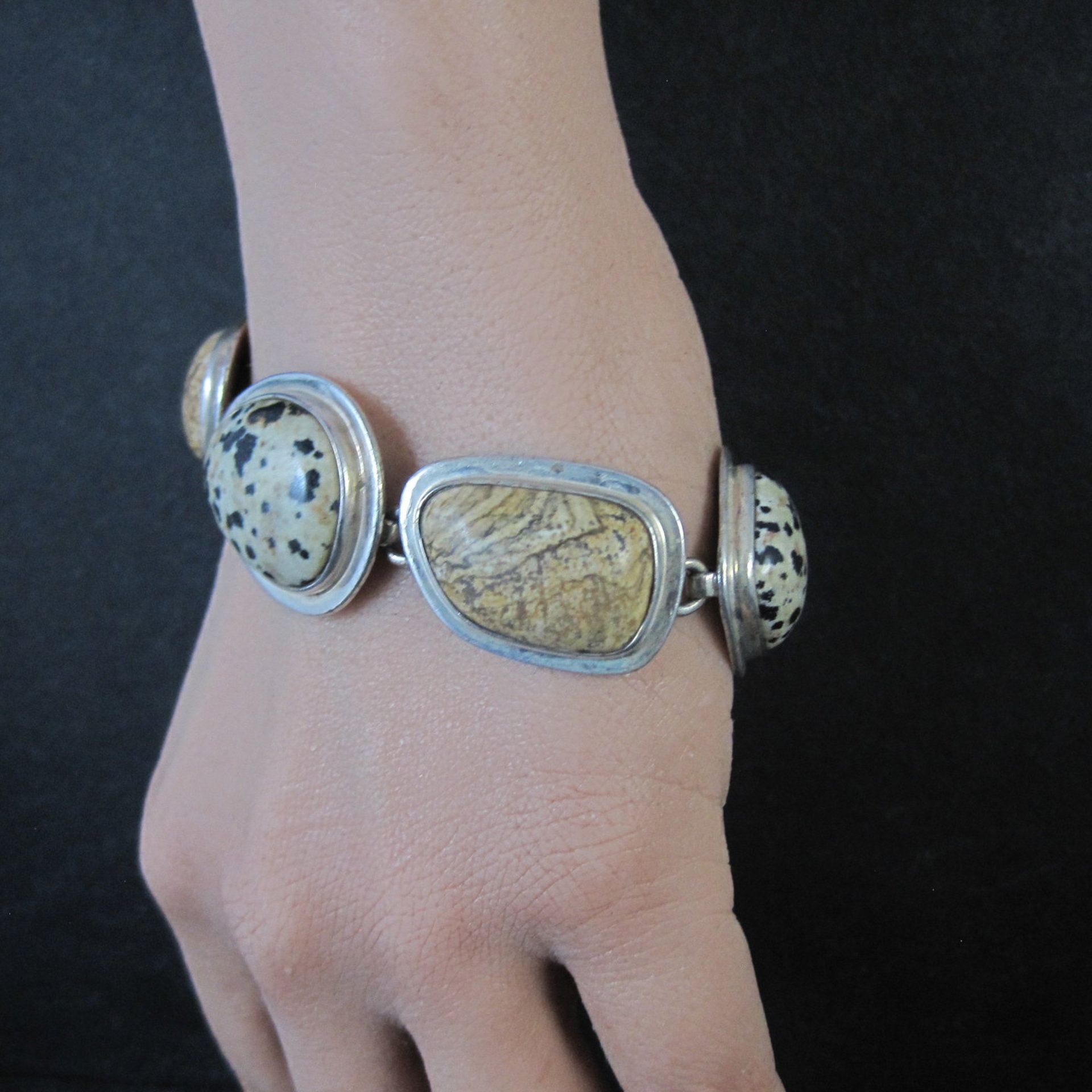 Heavy Sterling Silver Dalmatian and Picture Jasper Toggle Bracelet