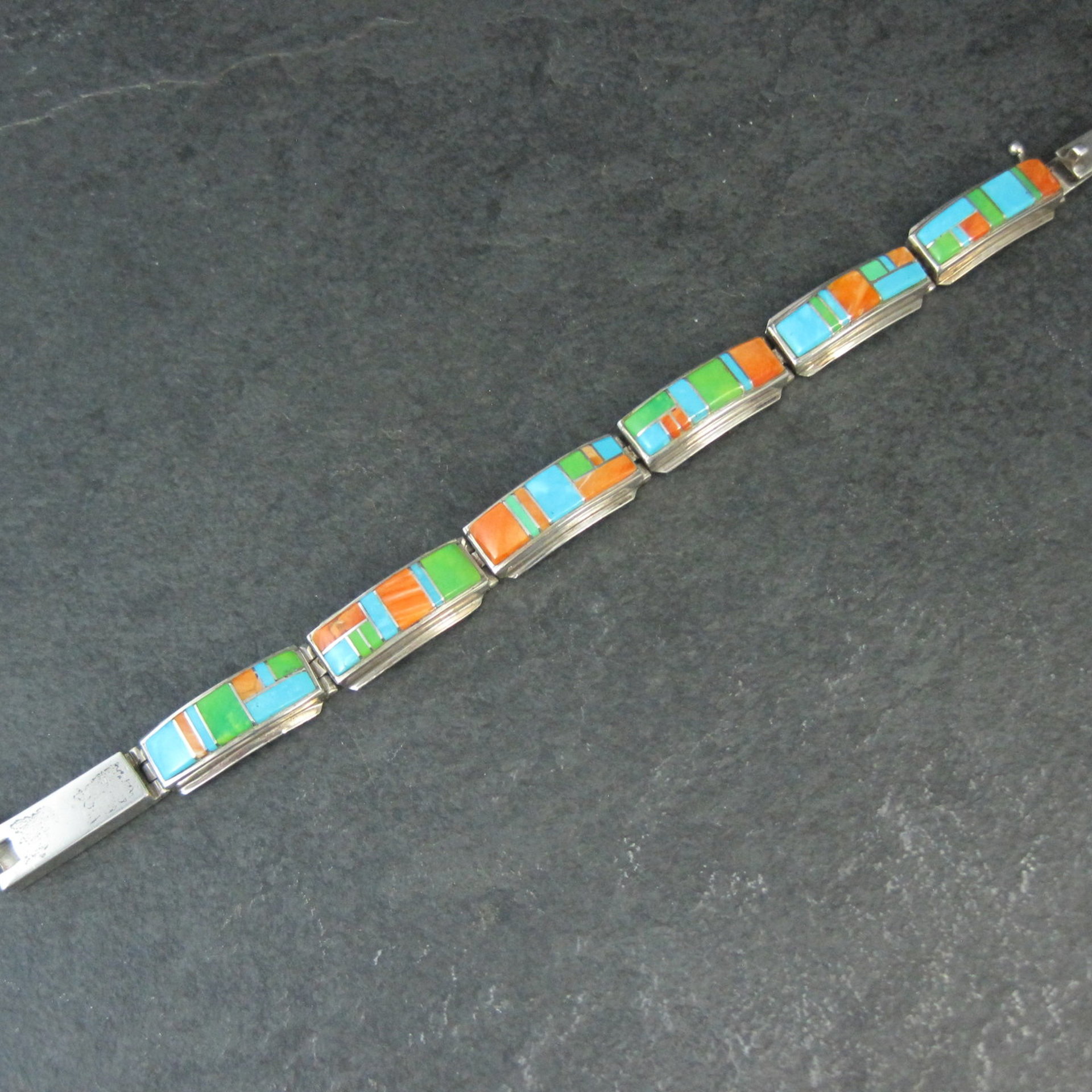 Vintage Southwestern Gemstone Inlay Bracelet Sterling Silver 6.75"