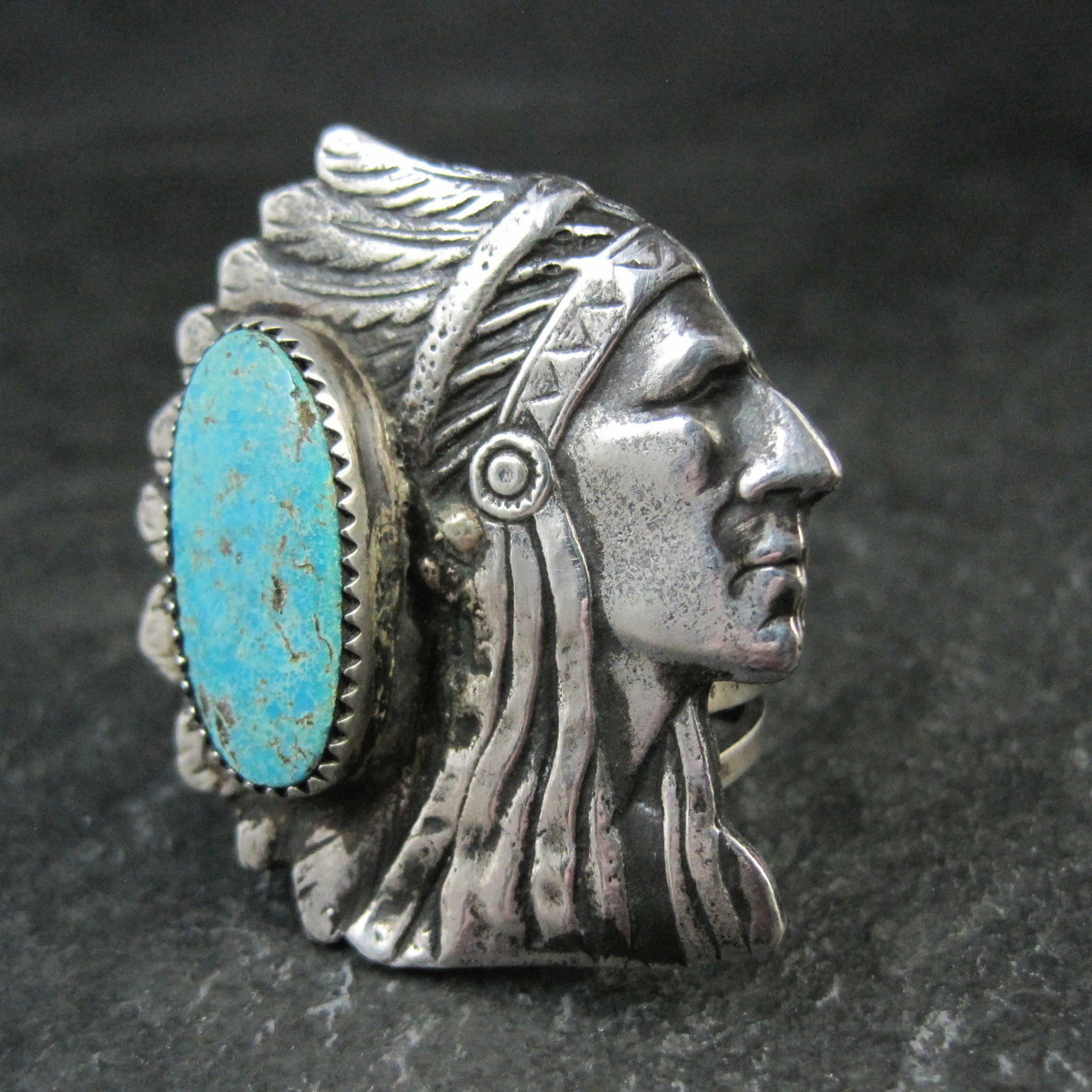 Huge Navajo Turquoise Chieftain Indian Head Ring Size 8