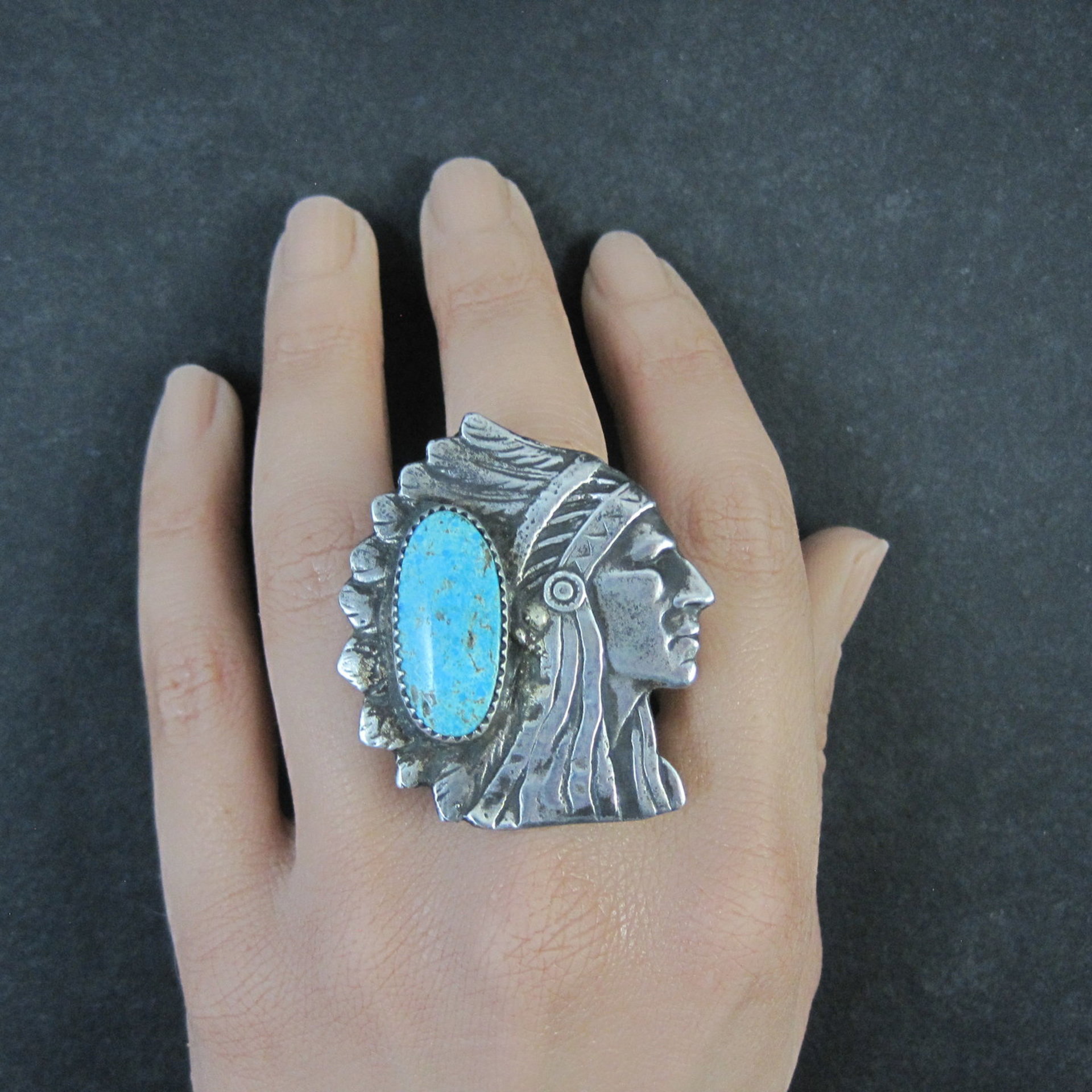 Huge Navajo Turquoise Chieftain Indian Head Ring Size 8