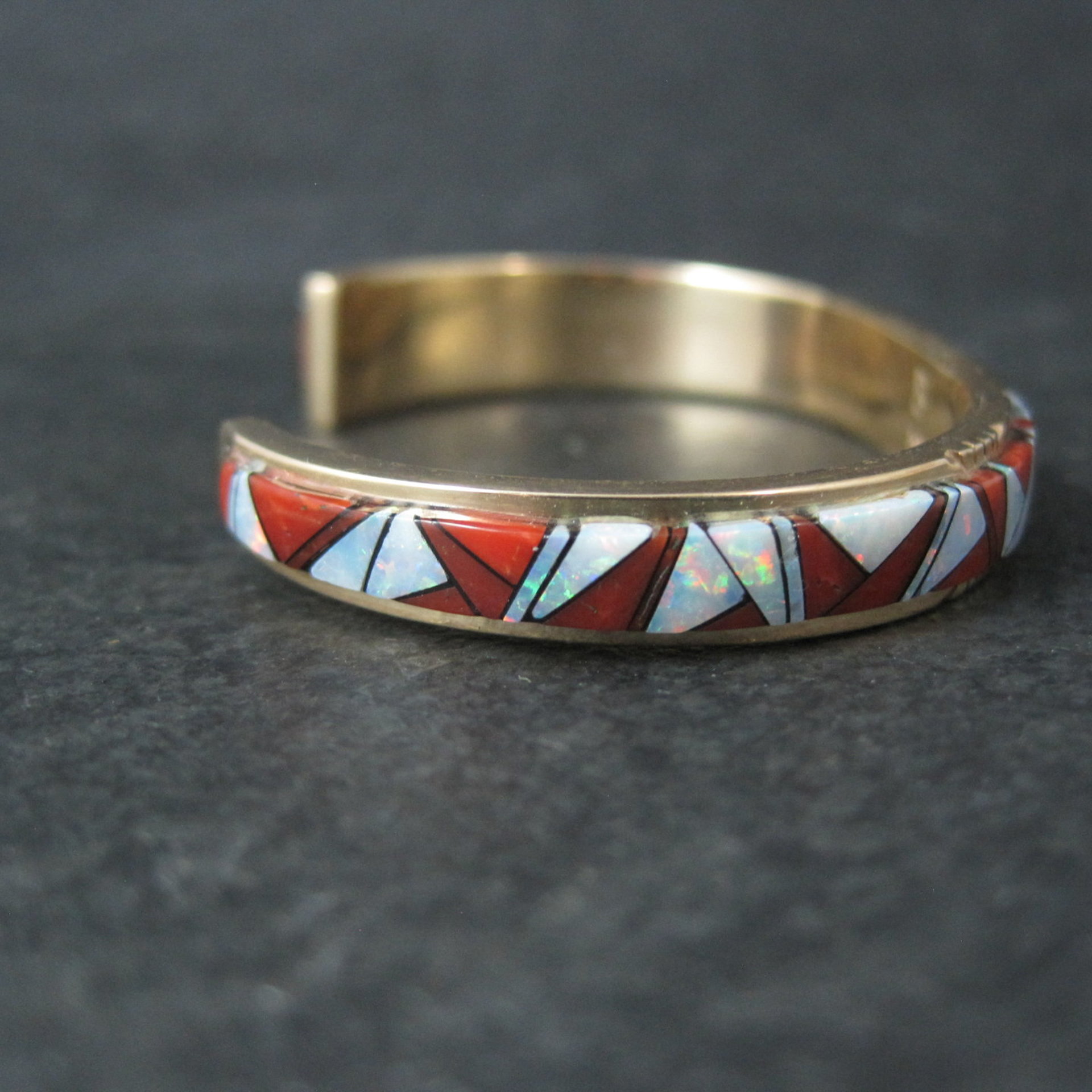Vintage 14K Coral Opal Inlay Cuff Bracelet 5.75 Inches