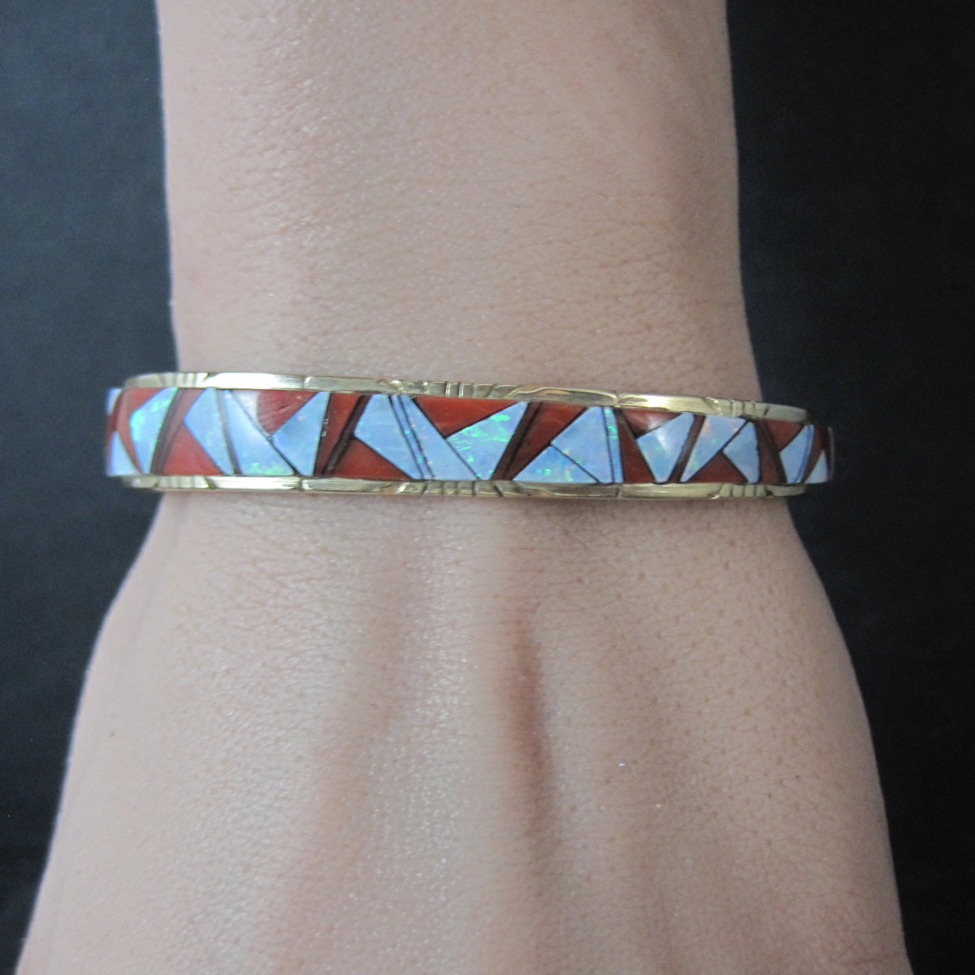 Vintage 14K Coral Opal Inlay Cuff Bracelet 5.75 Inches