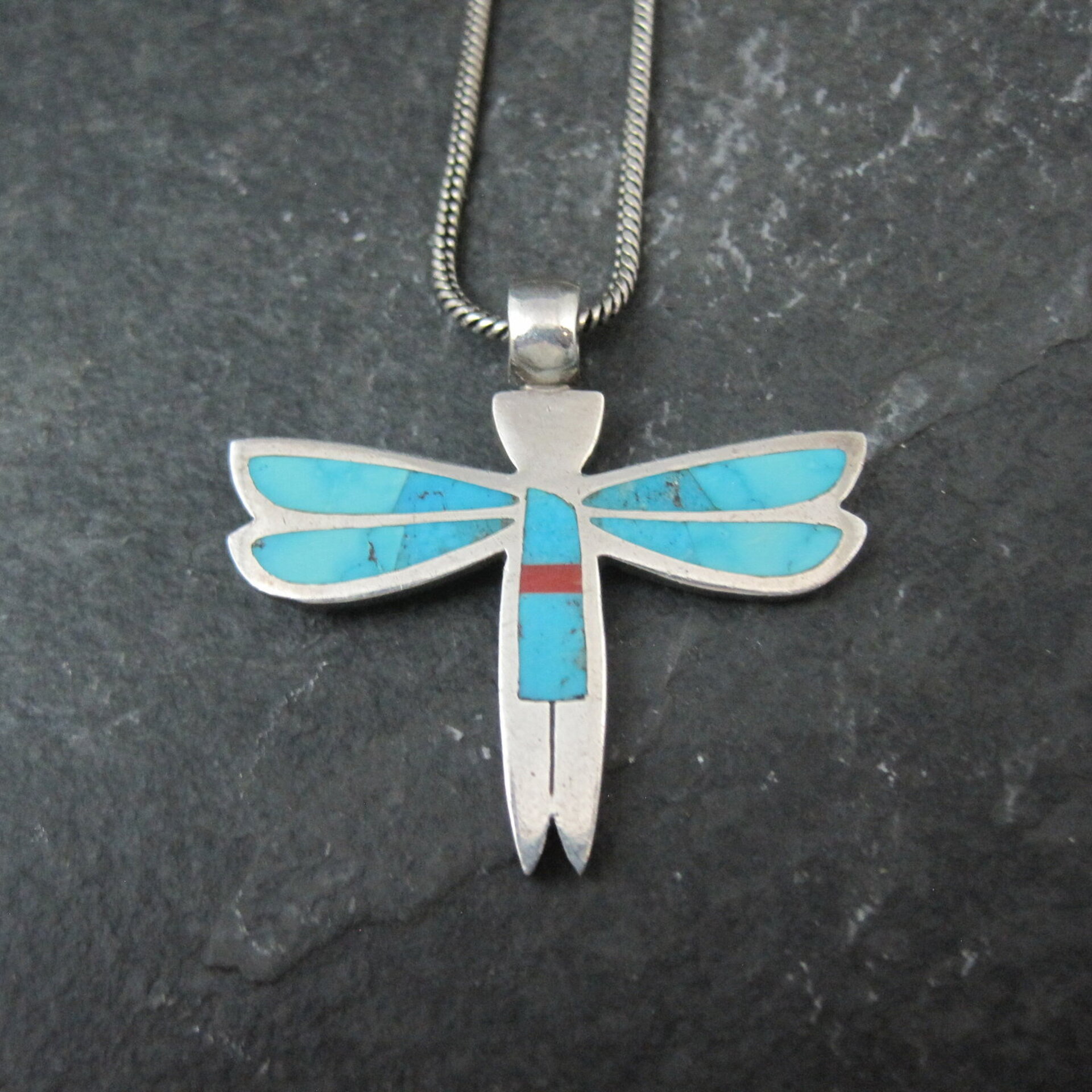 Vintage Sterling Silver Turquoise Dragonfly Maiden Pendant Necklace by Zuni Rolanda Haloo
