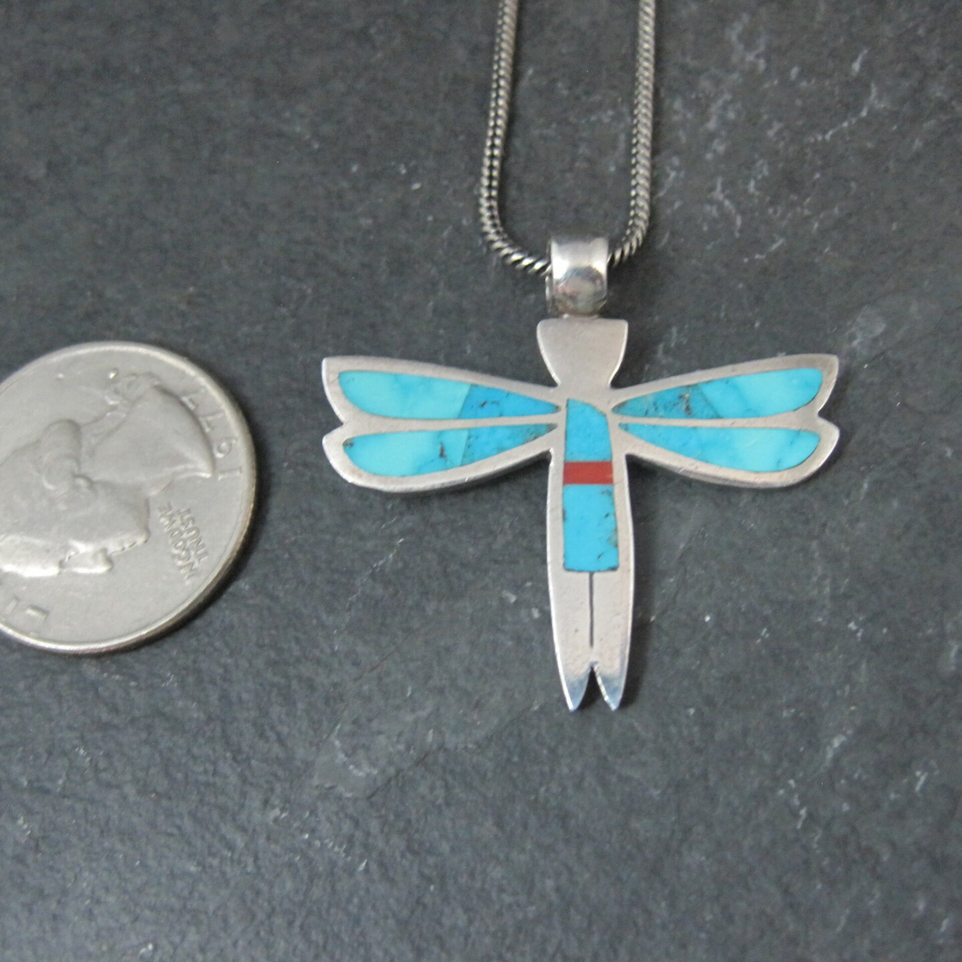 Vintage Sterling Silver Turquoise Dragonfly Maiden Pendant Necklace by Zuni Rolanda Haloo