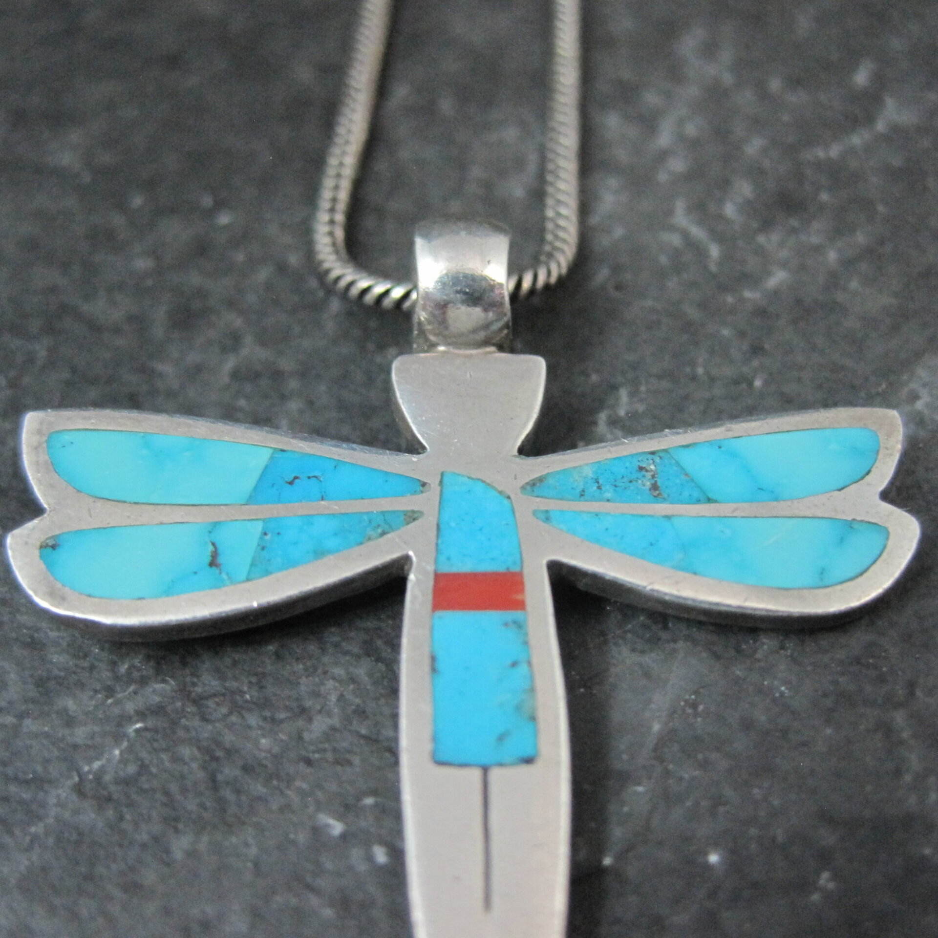 Vintage Sterling Silver Turquoise Dragonfly Maiden Pendant Necklace by Zuni Rolanda Haloo