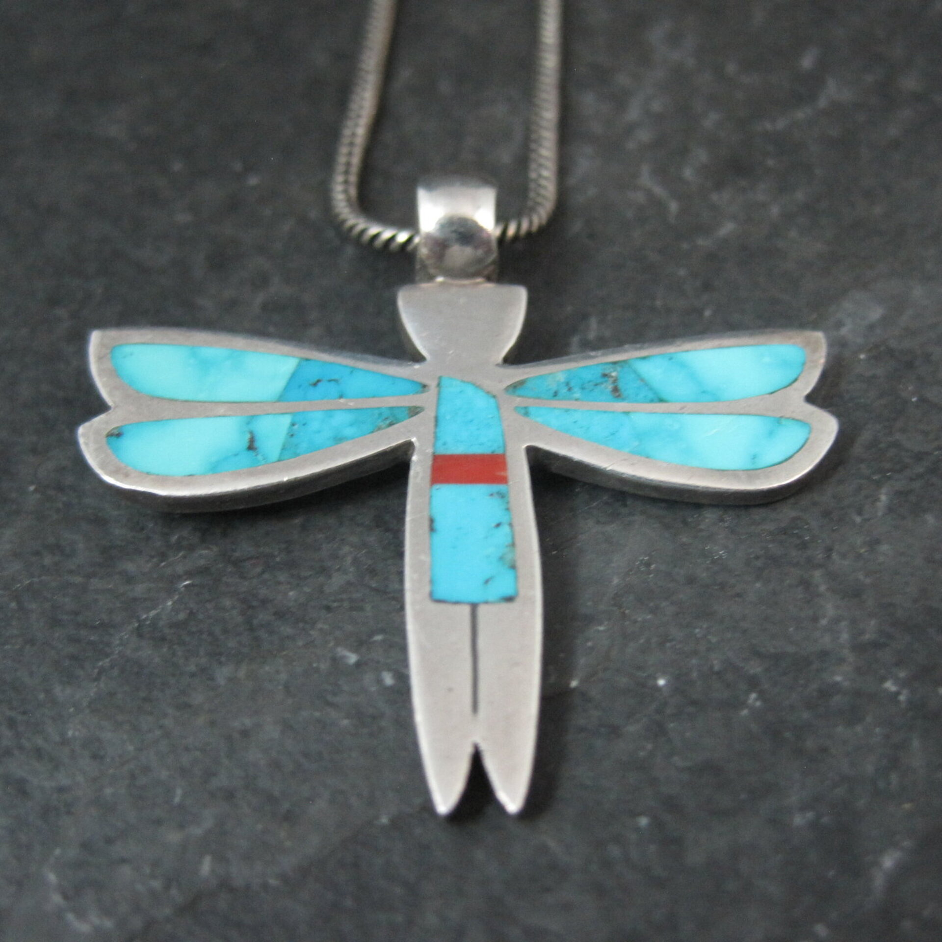 Vintage Sterling Silver Turquoise Dragonfly Maiden Pendant Necklace by Zuni Rolanda Haloo