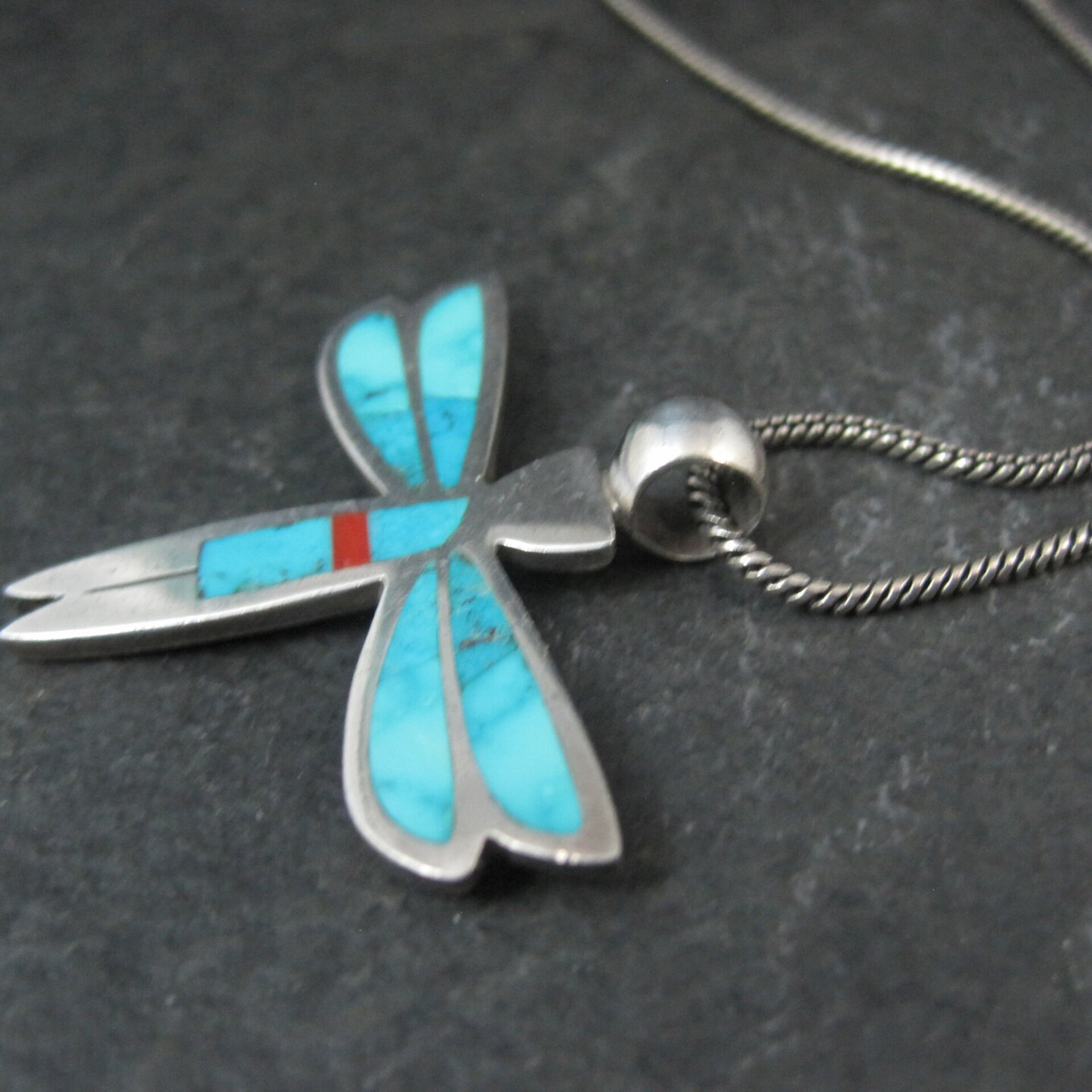 Vintage Sterling Silver Turquoise Dragonfly Maiden Pendant Necklace by Zuni Rolanda Haloo