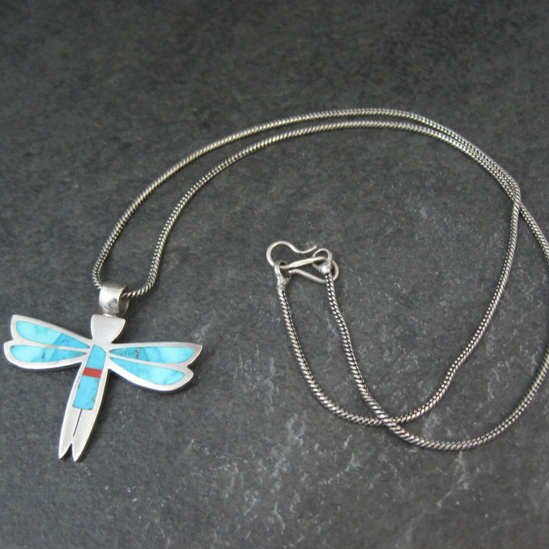 Vintage Sterling Silver Turquoise Dragonfly Maiden Pendant Necklace by Zuni Rolanda Haloo